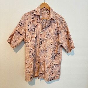Campia Moda Hawaiian Shirt Mens XL Pink Brown Batik Floral Palm Leaf Tropical